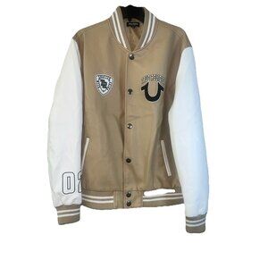 True Religion Varsity Patch Bomber Jacket Men Two Tone Beige/White SIZE Medium
